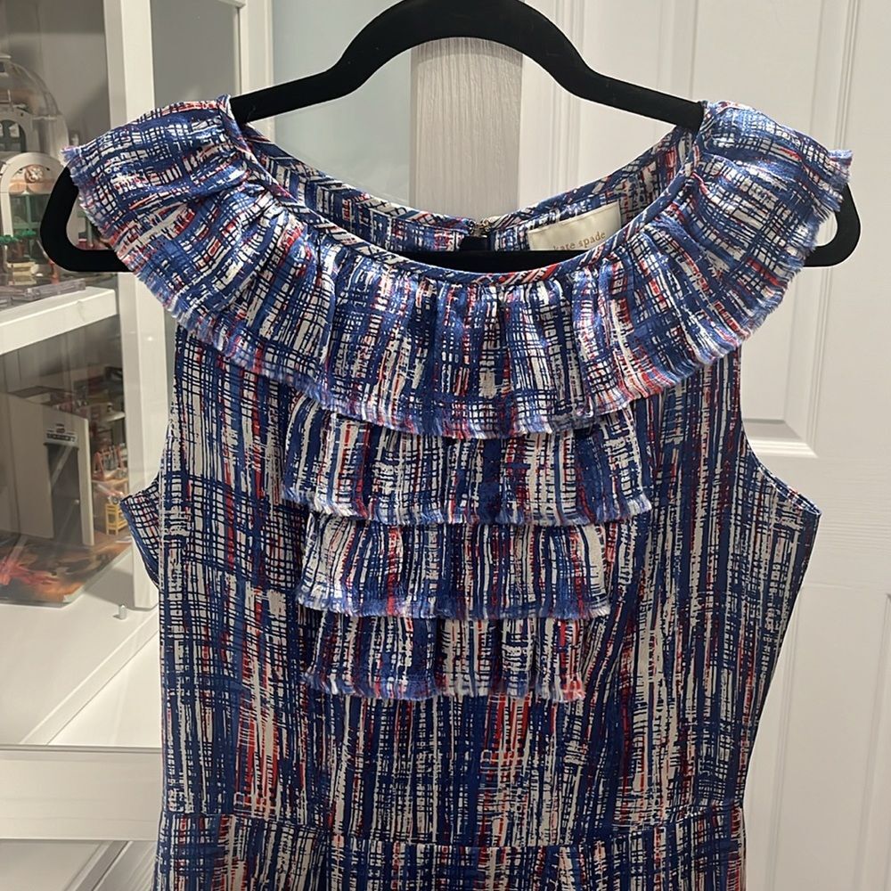 KATE SPADE Silk Shift Dress Ruffle Neckline Multicolor Sleeveless, Size 6 - Picture 2 of 11